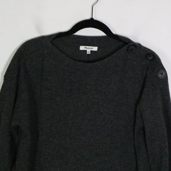 Madewell Merino Wool Boatneck Sweater Dress M Button Shoulder Neutral Minimalist - Picture 3 of 8